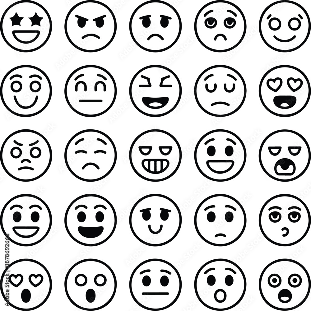 Obraz premium Smile Face Outline Icon Set Emoticon Expressions and Mood Symbols