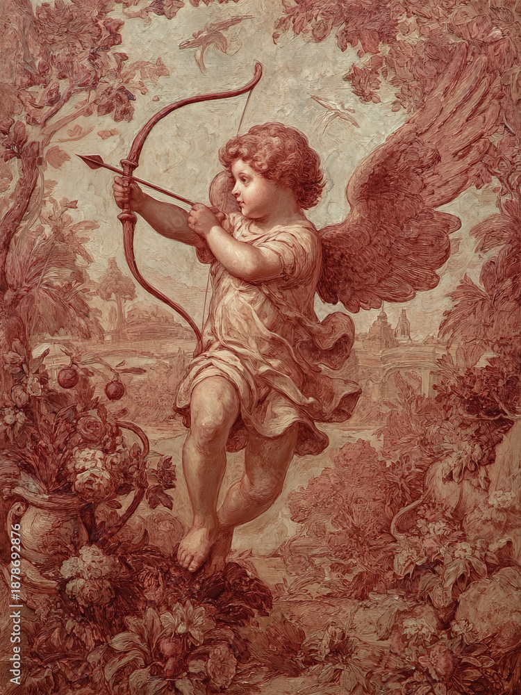 Fototapeta premium Vintage Valentines Day Cupid Angel with Bow Print