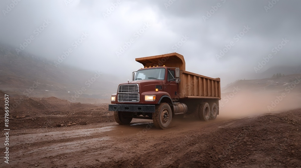 Obraz premium Heavy duty dump truck drives on a dusty muddy path at an industrial site under an overcast sky