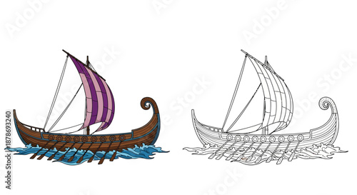 Viking Ship Line Art and Colorful Illustration Comparison Set for Education and Design