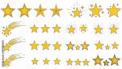 Collection of various golden star shapes and designs on a white background for rating and decoration purposes online