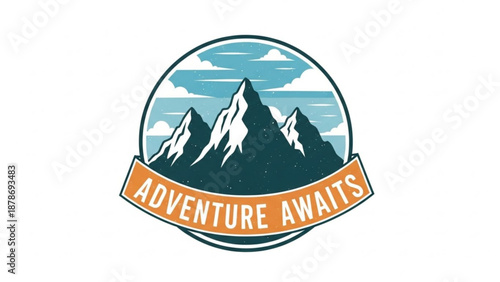 Adventure Logo with Mountain and River Illustration for Travel, Hiking, Outdoor Exploration, Nature Tourism, Camping Brand, Badge Design, Emblem Style, Vintage Look, Creative Identity, Adventure Await
