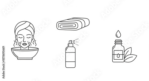 Minimal Line Art Bathroom Accessories Icons Set Including Shower, Soap, Bottle, Hygiene Products, Thin Line Outline Style, Modern UI UX Symbols, Clean Vector Illustration for Website, App Interface, I
