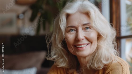 Wallpaper Mural Blurry of a smiling woman with white hair, overlaid with a blur effect. Perfect for lifestyle and emotion-related themes. Torontodigital.ca