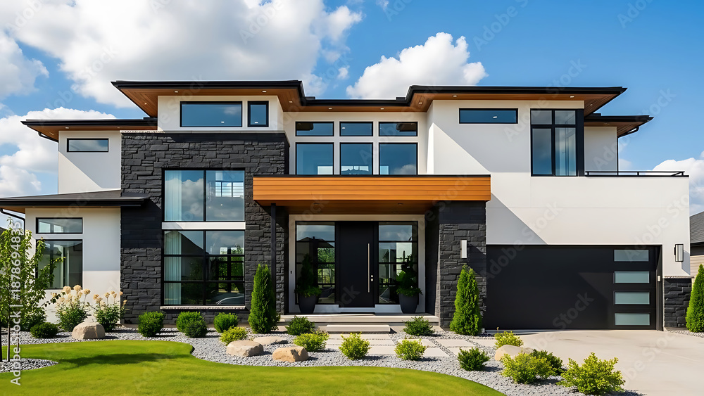 Fototapeta premium Luxury Modern Two Story House Exterior with Black Stone Accent and Landscaping