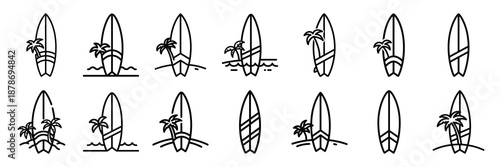 Outline icon set of  beach vacation surfboard , Holi day vector icons.