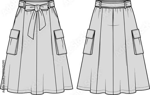 A-line skirt fashion sketch, technical flat drawing, cargo pocket design, front back view, apparel template, vector illustration, CAD artwork