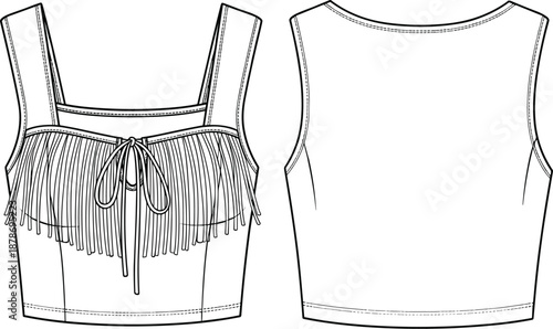 Sleeveless crop top, fashion flat sketch, technical garment drawing, fringe detail top, apparel design, vector template, cad illustration, stylish silhouette