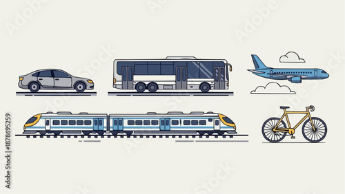 Various modes of transportation illustrated in a flat design style including cars trains buses planes and bicycles