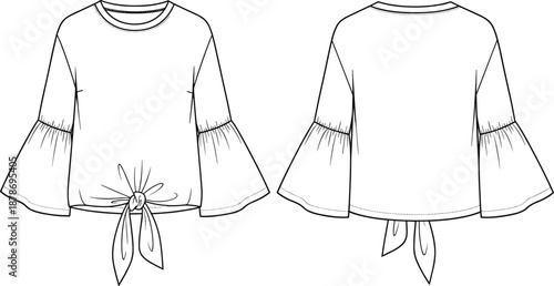 Women's top fashion sketch, bell sleeve blouse design, front back view, technical flat drawing, apparel vector template, garment illustration