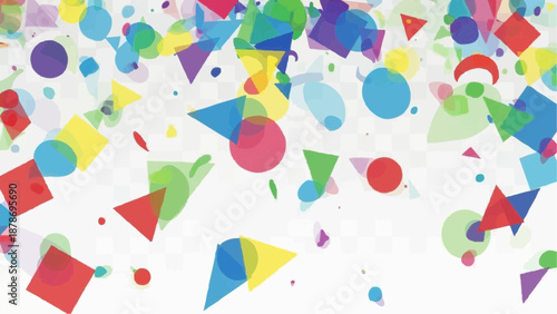 A vibrant explosion of colorful geometric shapes including circles triangles and squares scattered against a white brick background