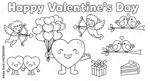 Cute illustration featuring cheerful heart character holding balloons, surrounded by angels, lovebirds, gifts, and cake, celebrating Valentine's Day with joyful elements and festive atmosphere