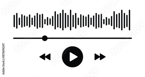 Media player controls pause play buttons. Music playback controls with waveform on white background