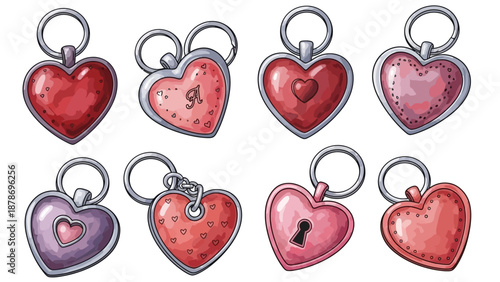 Collection of heart-shaped keychains with various designs and colors on a white background, illustrated 