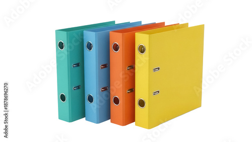 Foto Colorful ring binders isolated PNG, office supplies in turquoise, blue, orange a