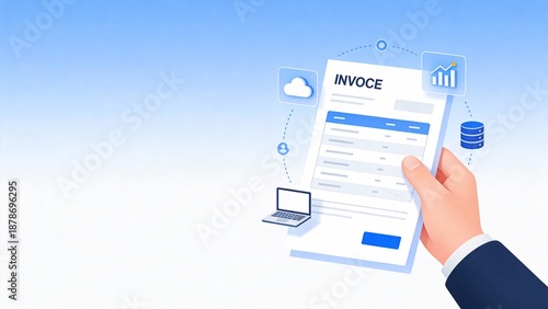Hand holding invoice with digital icons