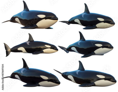 Orca whales swimming in a row, side by side with glossy black and white skin