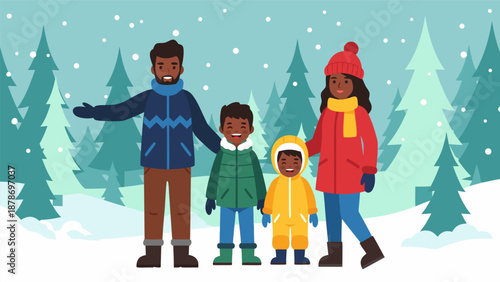 Winter family portrait vector illustration with two children and parents enjoying a snowy landscape