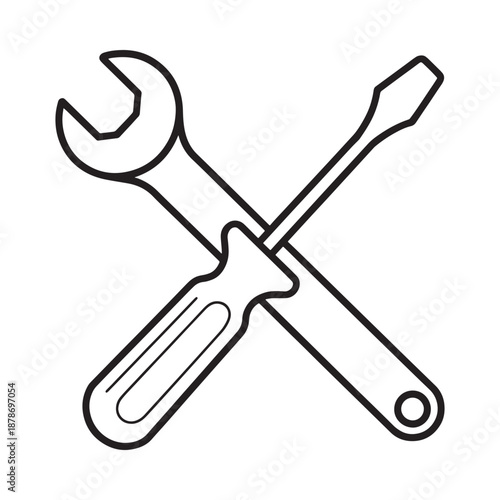 Simple illustration of crossed wrench and screwdriver tools in black and white