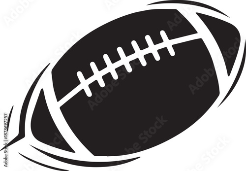 Black and white vector illustration of American football in motion with curved speed lines and bold laces