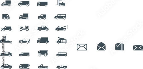 Vector illustration set featuring a family house along with icons of people and various transportation symbols including a car, truck, bus, train, and airplane for delivery and shipping design