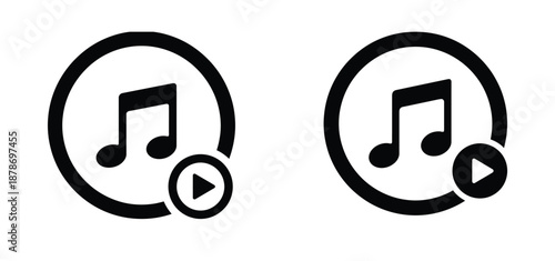 Music play button icons for audio streaming and playback. A simple black play button icon, represented by a triangle inside a circle. symbolizing the start of media playback.