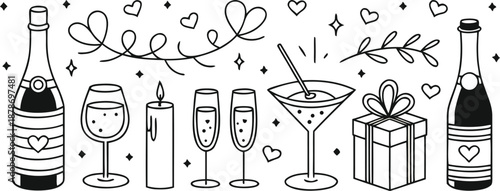 Charming hand drawn line art vector collection depicting romantic celebration elements like sparkling wine, cocktails, gifts, and decorative accents for special occasions