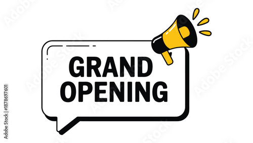 grand opening announcement illustration with megaphone and speech bubble for business launch promotion and marketing campaign