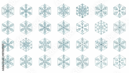 An assortment of delicate intricately patterned snowflake illustrations displayed in varying geometric shapes and designs on a white background