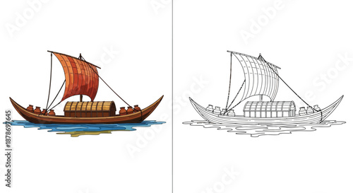 Vintage Sailing Boat on Calm Water Surface Illustration for Nautical Design Templates