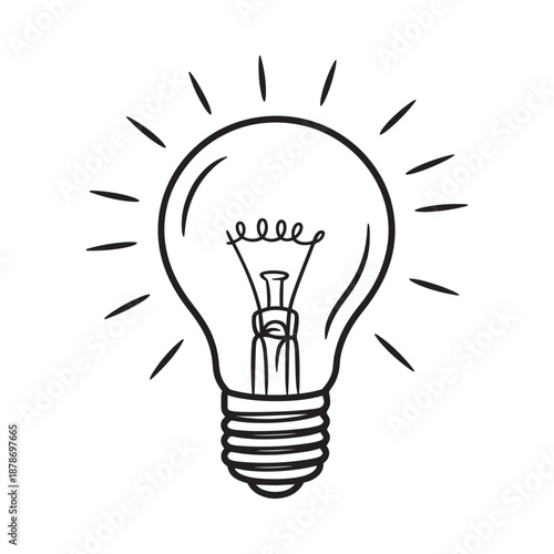Simple black line drawing of a glowing light bulb