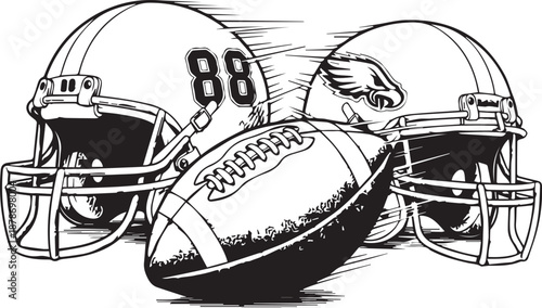 Black and white vector illustration of football helmets with number 88 and eagle logo, ball in motion