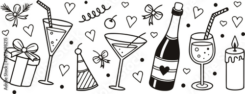Hand Drawn Romantic Celebration Cocktail Line Art Vector Banner Featuring Gifts Hearts and Champagne for Special Occasions
