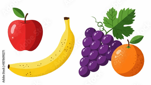 a colorful cartoon illustration of fruit including an apple banana grapes and orange high quality professional detailed