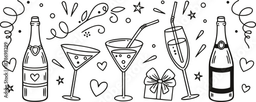 Doodle-style romantic celebration with cocktails, champagne, and gifts, vector illustration for festive occasions