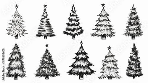 A collection of vintage style christmas trees with varying shapes and sizes adorned with stars depicted in black and white