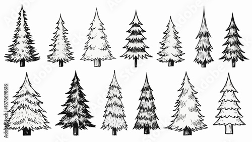 A collection of detailed black and white sketches depicting various coniferous evergreen trees in a forest setting