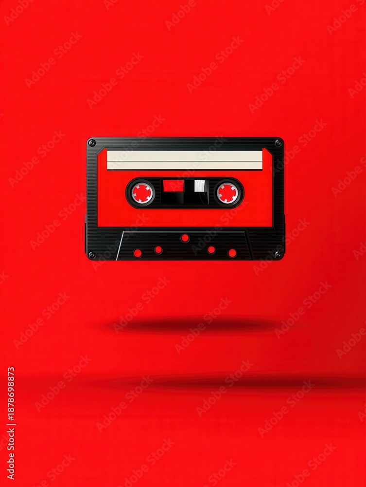 Fototapeta premium Retro cassette tape on vibrant red background