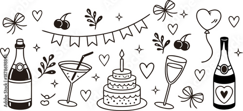 Hand Drawn Romantic Celebration Vector Banner Featuring a Cake, Drinks, Balloons, and Festive Decorations