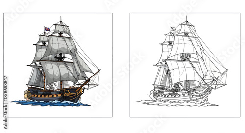 Vintage Tall Ship Illustration Comparison With Decorative Flags and Detailed Sail Textures
