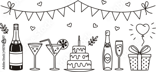 Hand-Drawn Celebration Line Art Vector Banner featuring festive party elements champagne, cocktails, birthday cake, gifts, and decorative bunting for event designs