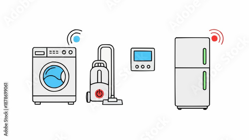 A simplified illustration depicting common household appliances including a washing machine vacuum microwave and refrigerator connected via wifi