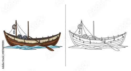 Vintage Wooden Rowboat Cartoon Illustration Set With Color and Black White Versions