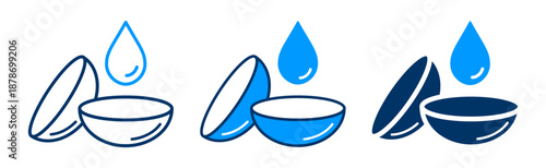 Contact lens and water drop icon set. Showing eye care, vision correction, contact lens hygiene, and daily lens use. Outline and filled icons collection.