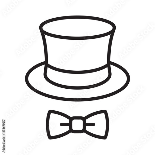 a black line drawing of a top hat and bow tie