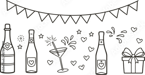 Hand-drawn line art illustration of celebration elements champagne, cocktail, hearts, stars, gift, and party banner, ideal for romantic festive events
