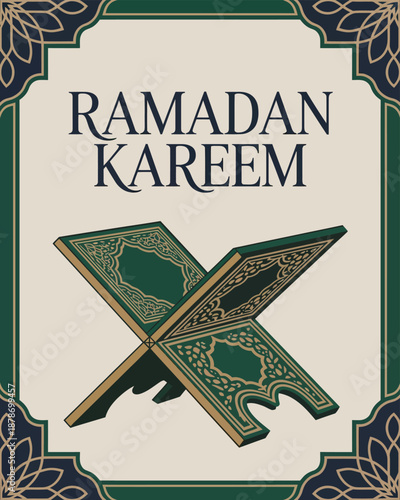 Ramadan Kareem with Open Quran and Intricate Geometric Frame