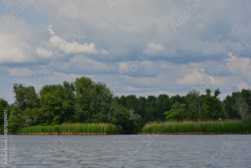 Cumulus clouds over the Dnipro river, green forest and reeds on river