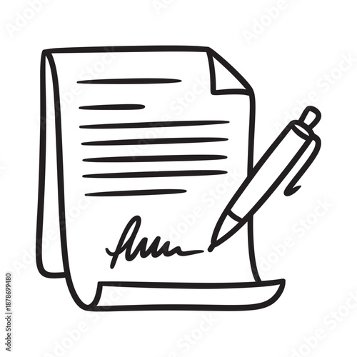 Simple sketch depicting a document with a signature and accompanying pen