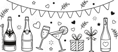 Hand Drawn Romantic Celebration Line Art Vector Banner Featuring Champagne, Cocktails, Gifts, and Hearts